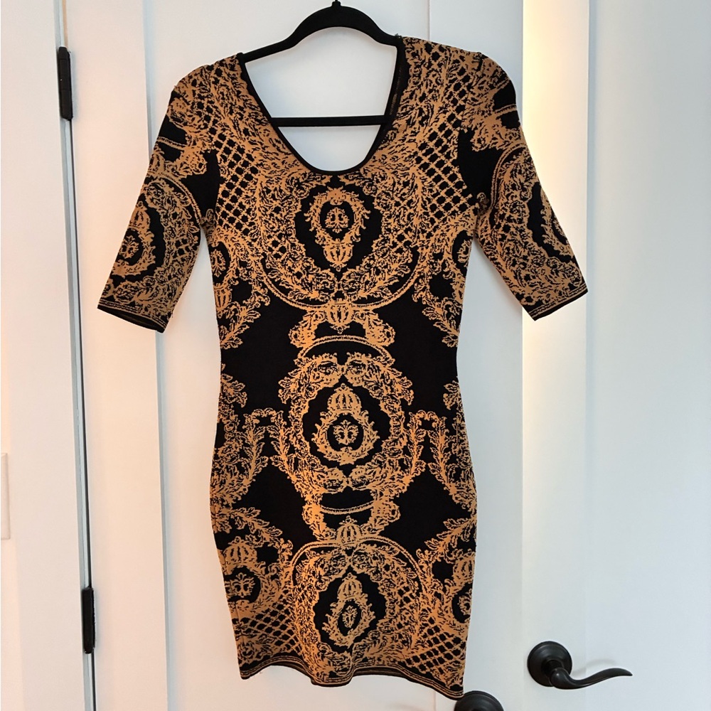 Torn by Ronny Kobo Black and Gold Baroque knit Dress